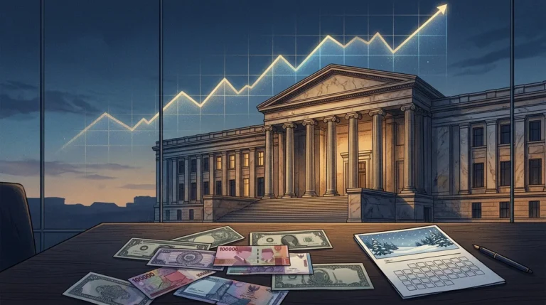 Ilustrasi gedung bank sentral Amerika Serikat dan grafik kurs rupiah terhadap dolar AS