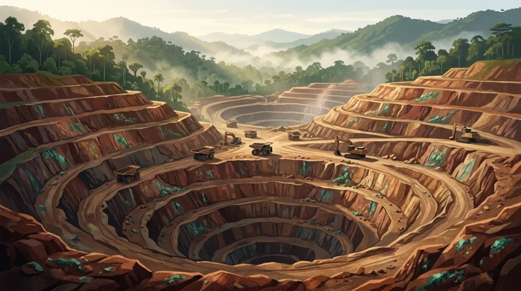 Ilustrasi area tambang tembaga dan emas terbuka dengan lapisan batuan dan alat berat