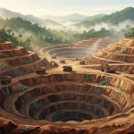 Ilustrasi area tambang tembaga dan emas terbuka dengan lapisan batuan dan alat berat