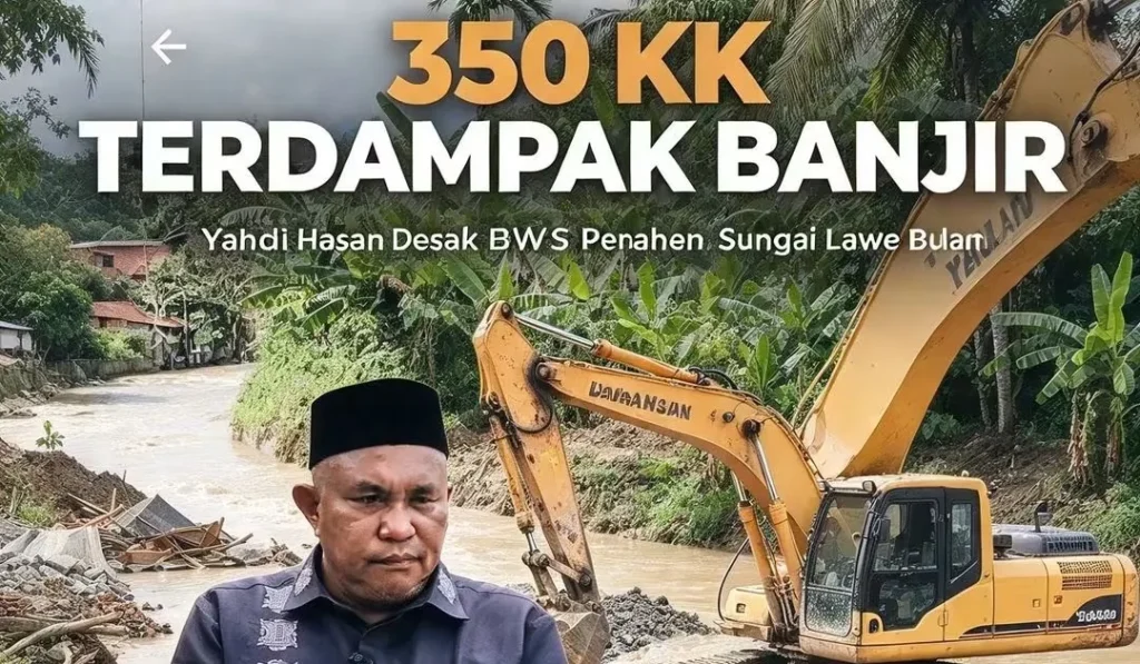 Tanggul tebing sungai yang jebol dan air banjir menggenangi jalan serta permukiman