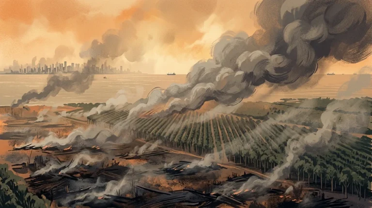 Kabut asap tebal menyelimuti lahan gambut terbakar dan hutan tanaman industri di Sumatera