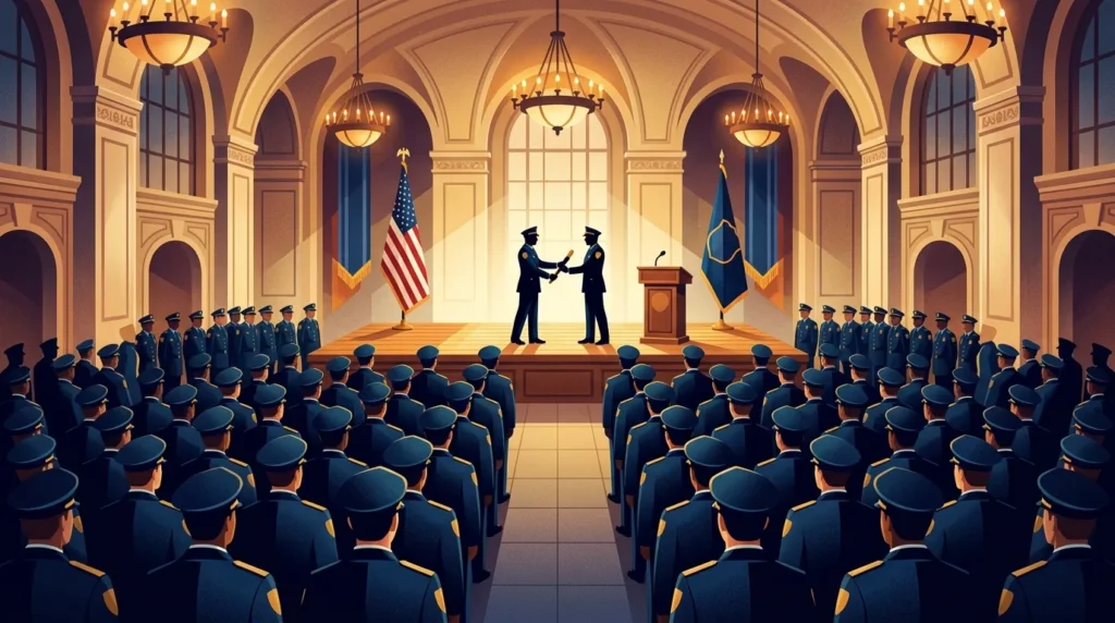 Ilustrasi upacara serah terima jabatan pejabat tinggi kepolisian di aula Mabes Polri