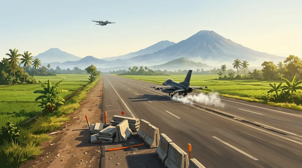 Ilustrasi jet tempur mendarat di ruas jalan tol lurus yang dikosongkan, dengan sawah di kedua sisi jalan