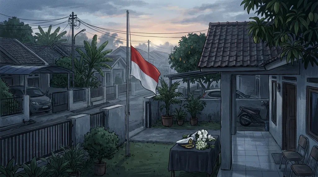 Ilustrasi suasana duka di kompleks perumahan TNI Angkatan Laut dengan bendera setengah tiang